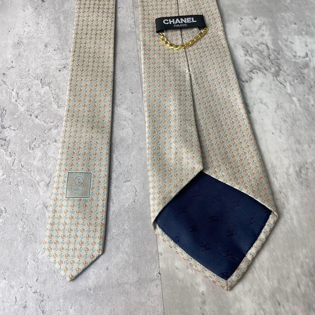 美品 CHANEL シャネル ジャガード ココマーク 総ロゴ ネクタイ ホワイト