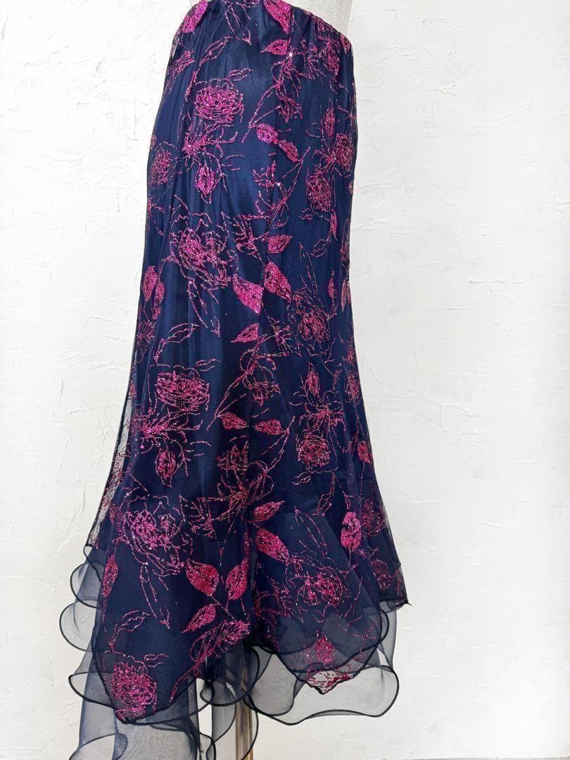 【花柄ラメ】社交ダンス用裾オーガンジー 　ロングフレアスカート紺ピンクｄ026
