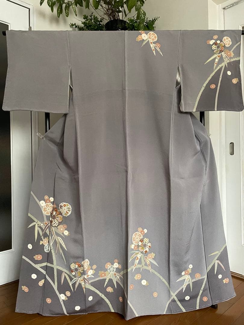 訪問着 金駒刺繍 グレー 縮緬 正絹 上品