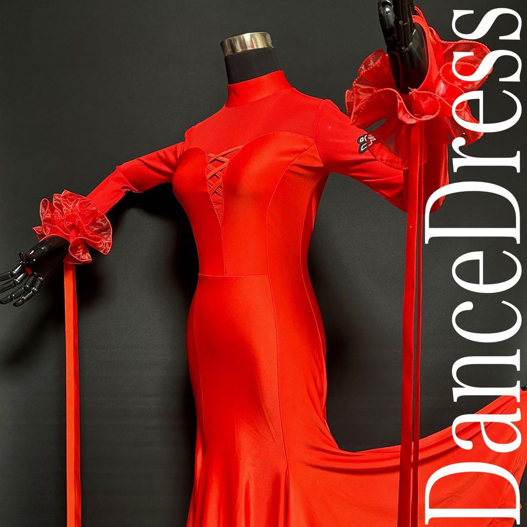社交ダンス★スタンダード ドレス★レッド★取り外し可能フロート付★サイズM★新品