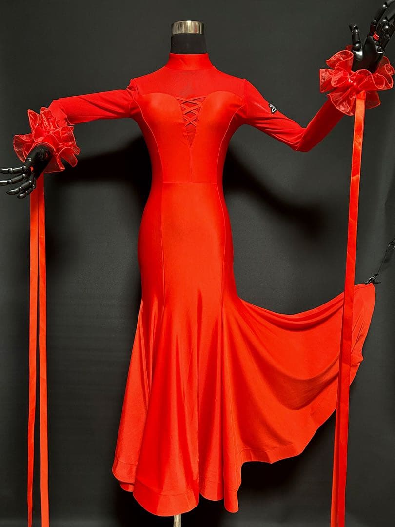 社交ダンス★スタンダード ドレス★レッド★取り外し可能フロート付★サイズM★新品