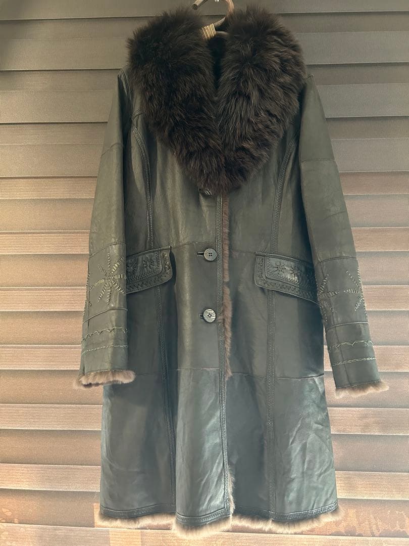 ラビット 毛皮 レザー ロングコート フォックス ファー ステッチ