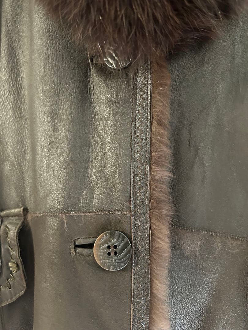 ラビット 毛皮 レザー ロングコート フォックス ファー ステッチ