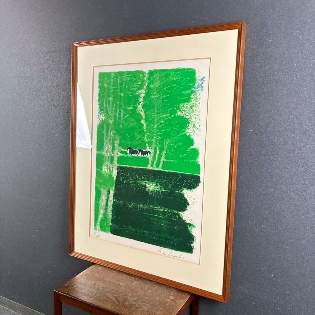 美品 アンドレ・ブラジリエ「池の小馬」リトグラフ 大作 直筆サイン入り 額縁入り