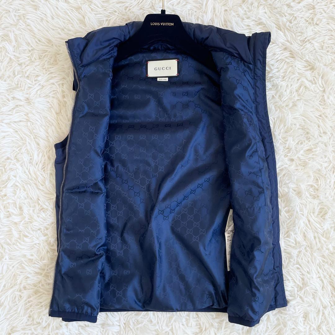 極美品　グッチ　ダウンベスト　GG　総柄　ワッペン　2way　フード　紺　M