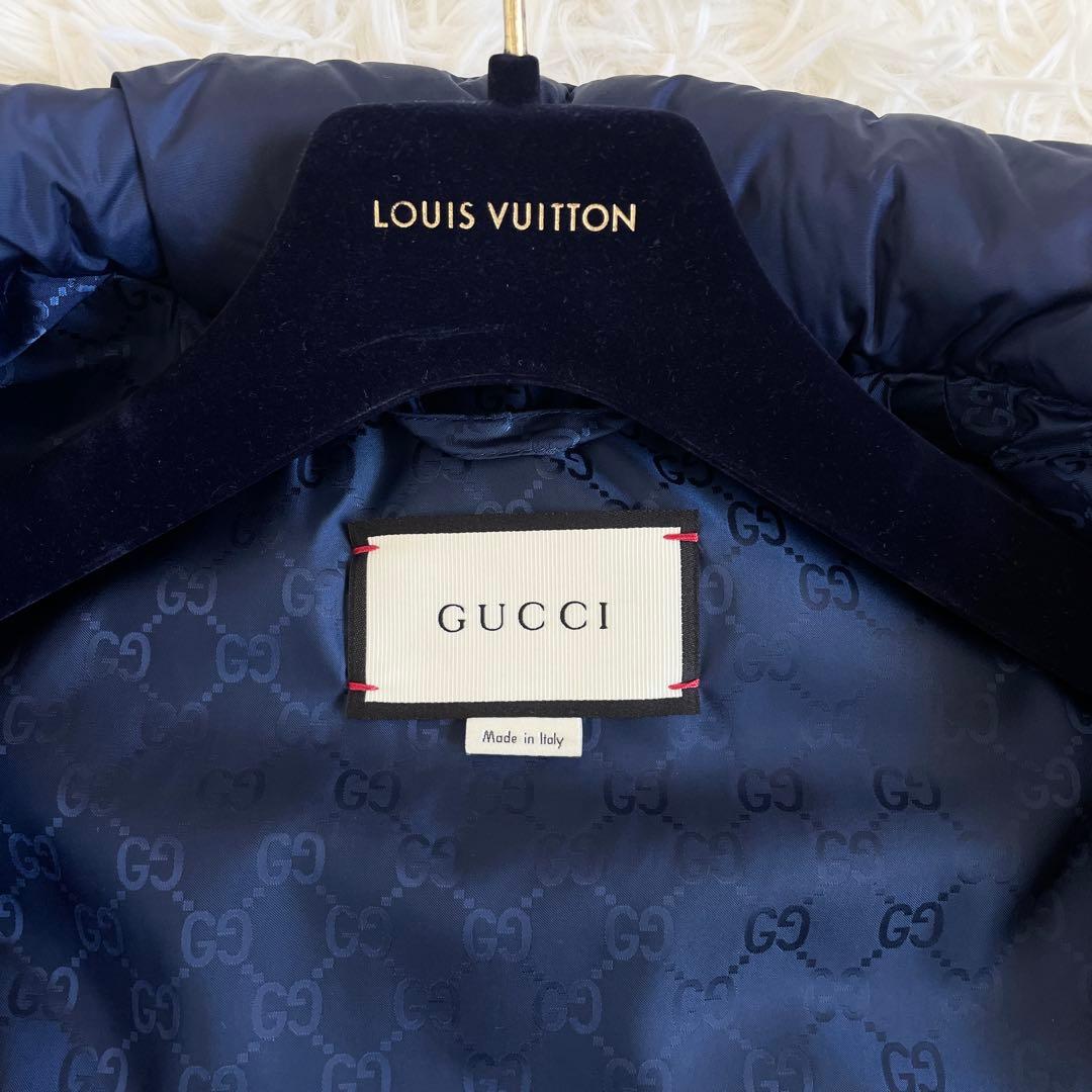 極美品　グッチ　ダウンベスト　GG　総柄　ワッペン　2way　フード　紺　M