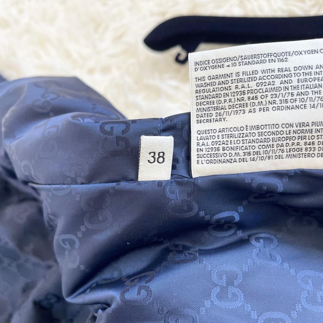 極美品　グッチ　ダウンベスト　GG　総柄　ワッペン　2way　フード　紺　M