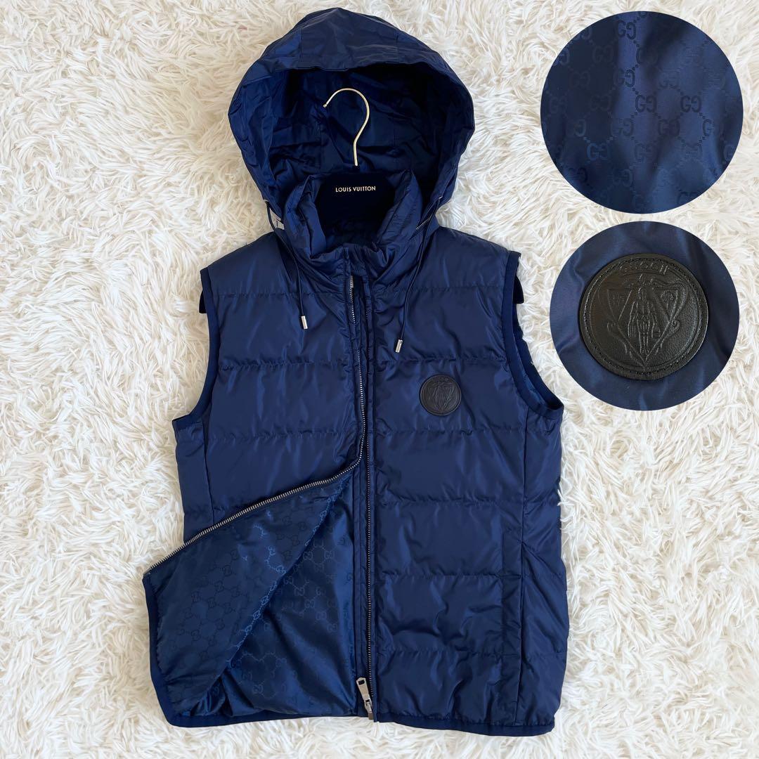極美品　グッチ　ダウンベスト　GG　総柄　ワッペン　2way　フード　紺　M