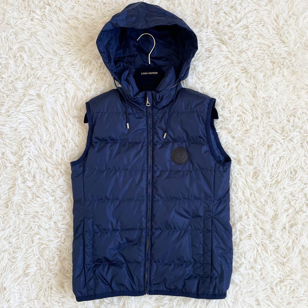 極美品　グッチ　ダウンベスト　GG　総柄　ワッペン　2way　フード　紺　M