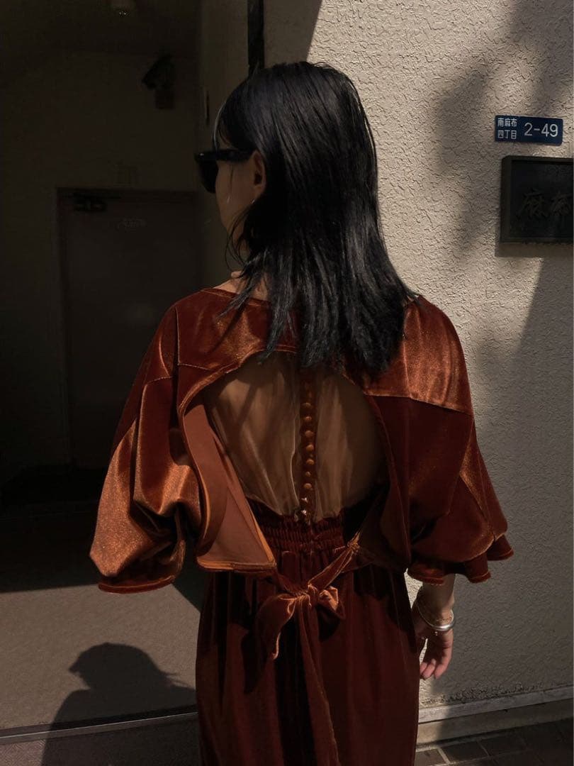 Ameri 2WAY CURVE VELOURS DRESS テラコッタ　S