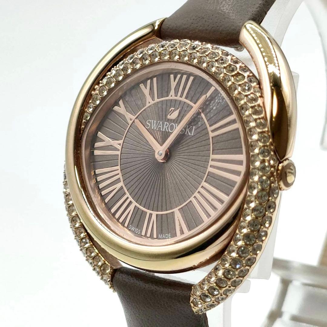 【稼働】Swarovski✨DUO 腕時計 レザーベルト グレージュ