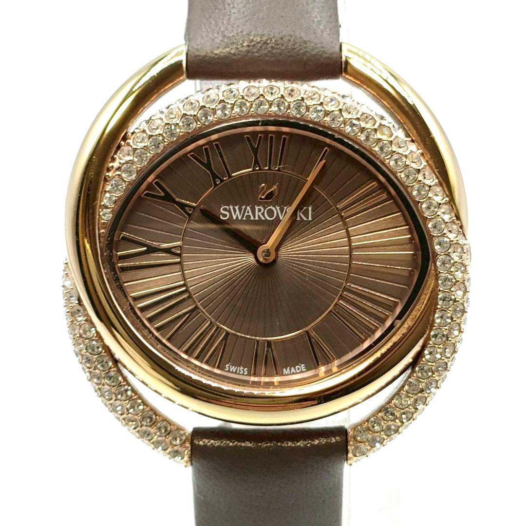 【稼働】Swarovski✨DUO 腕時計 レザーベルト グレージュ