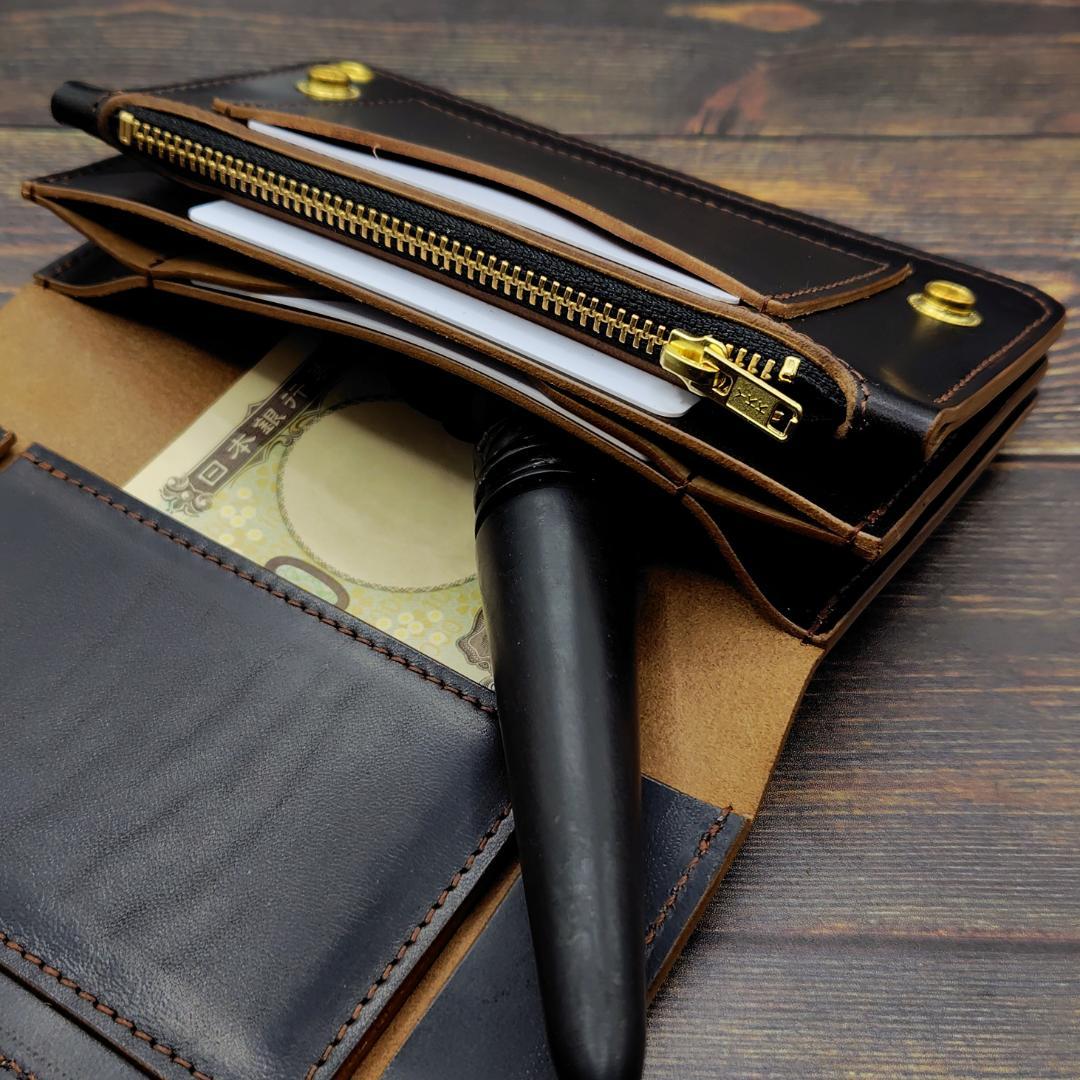 【訳あり値引き】ミドルトラッカーウォレット ホースバット 本革 茶芯ブラック