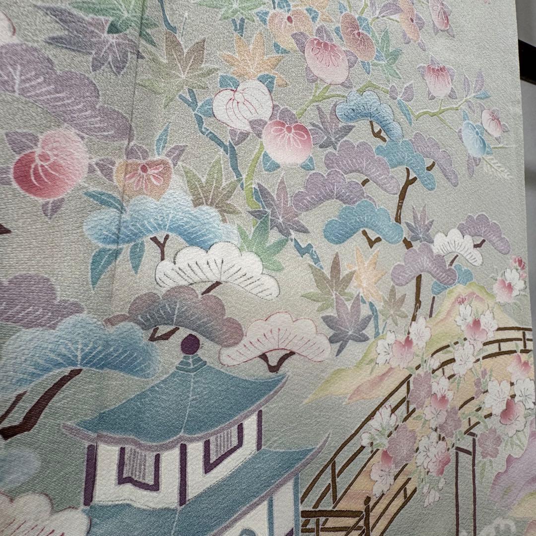 超美品　正絹　袷　訪問着　着物　160裄67 手書き友禅　風景　淡色　薄緑　桃色