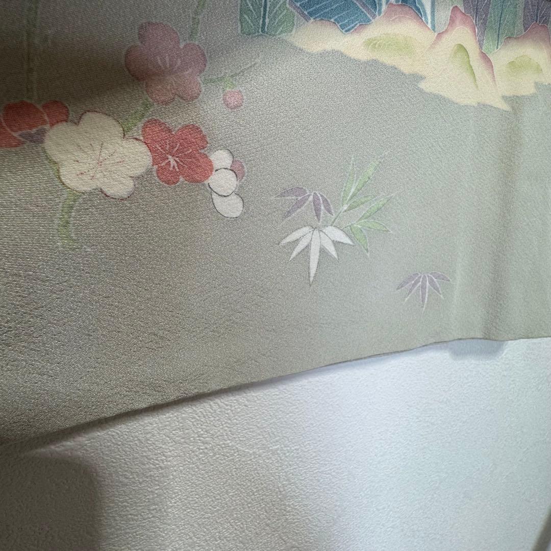 超美品　正絹　袷　訪問着　着物　160裄67 手書き友禅　風景　淡色　薄緑　桃色