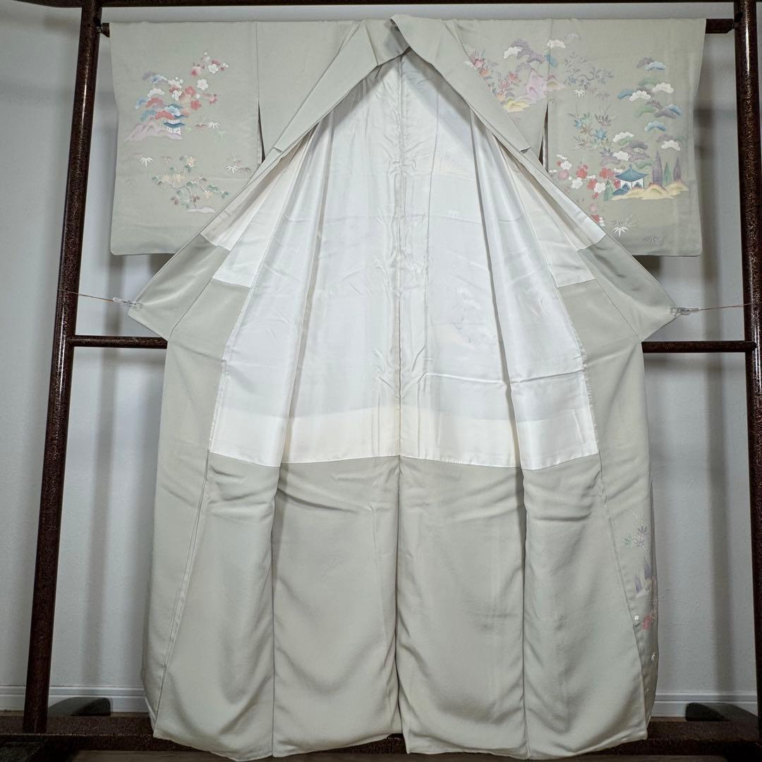 超美品　正絹　袷　訪問着　着物　160裄67 手書き友禅　風景　淡色　薄緑　桃色