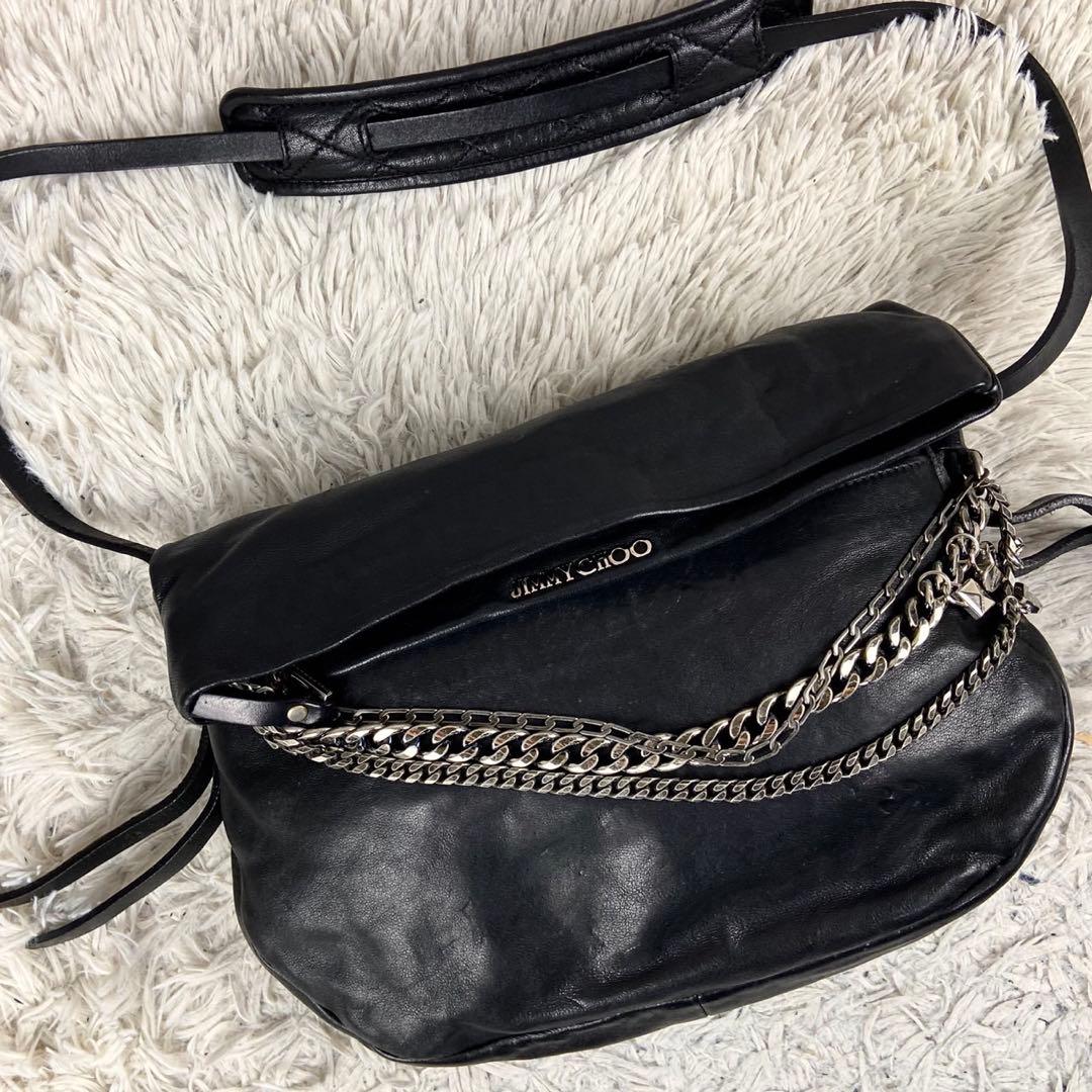 美品 ジミーチュウ レザー チェーン ショルダーバッグ 斜め掛け ブラック 黒