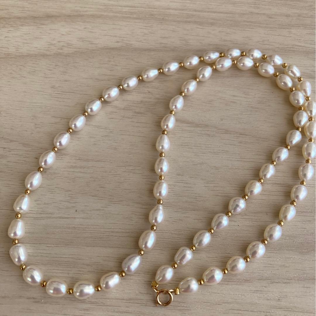 パール ネックレス 本真珠 テリ強 14金　585刻印　ロング　淡水パール　美品