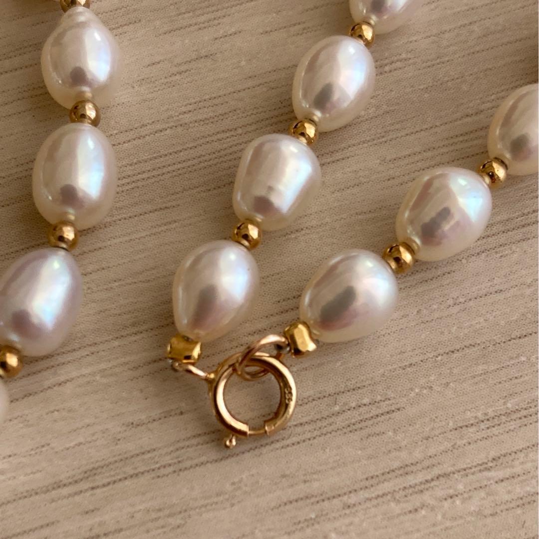 パール ネックレス 本真珠 テリ強 14金　585刻印　ロング　淡水パール　美品