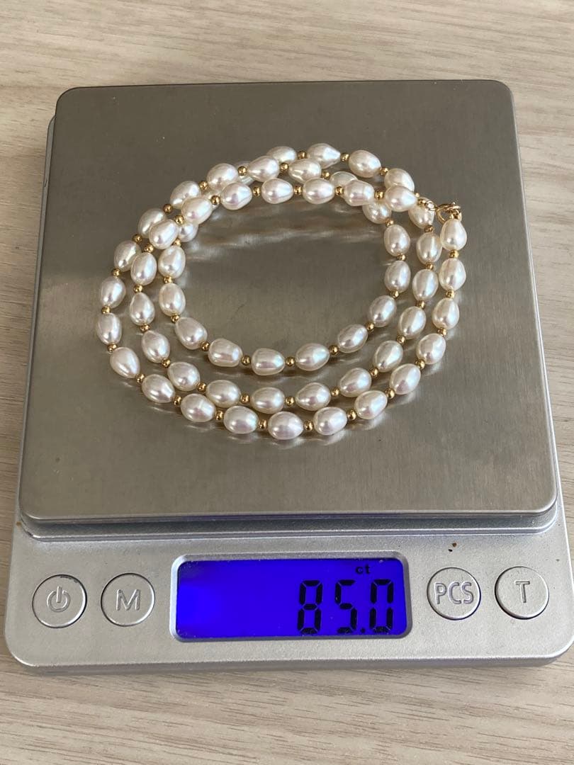 パール ネックレス 本真珠 テリ強 14金　585刻印　ロング　淡水パール　美品