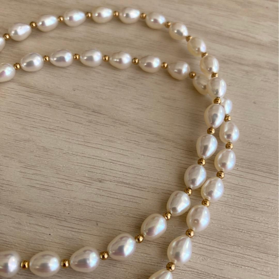 パール ネックレス 本真珠 テリ強 14金　585刻印　ロング　淡水パール　美品