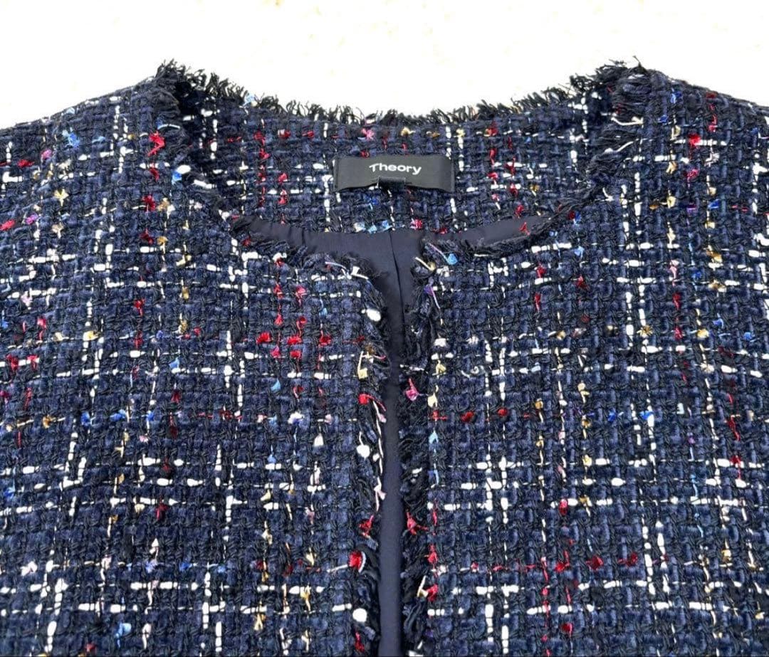 Theory セオリー ツイードジャケット ノーカラー ネイビー 大きめ 美品