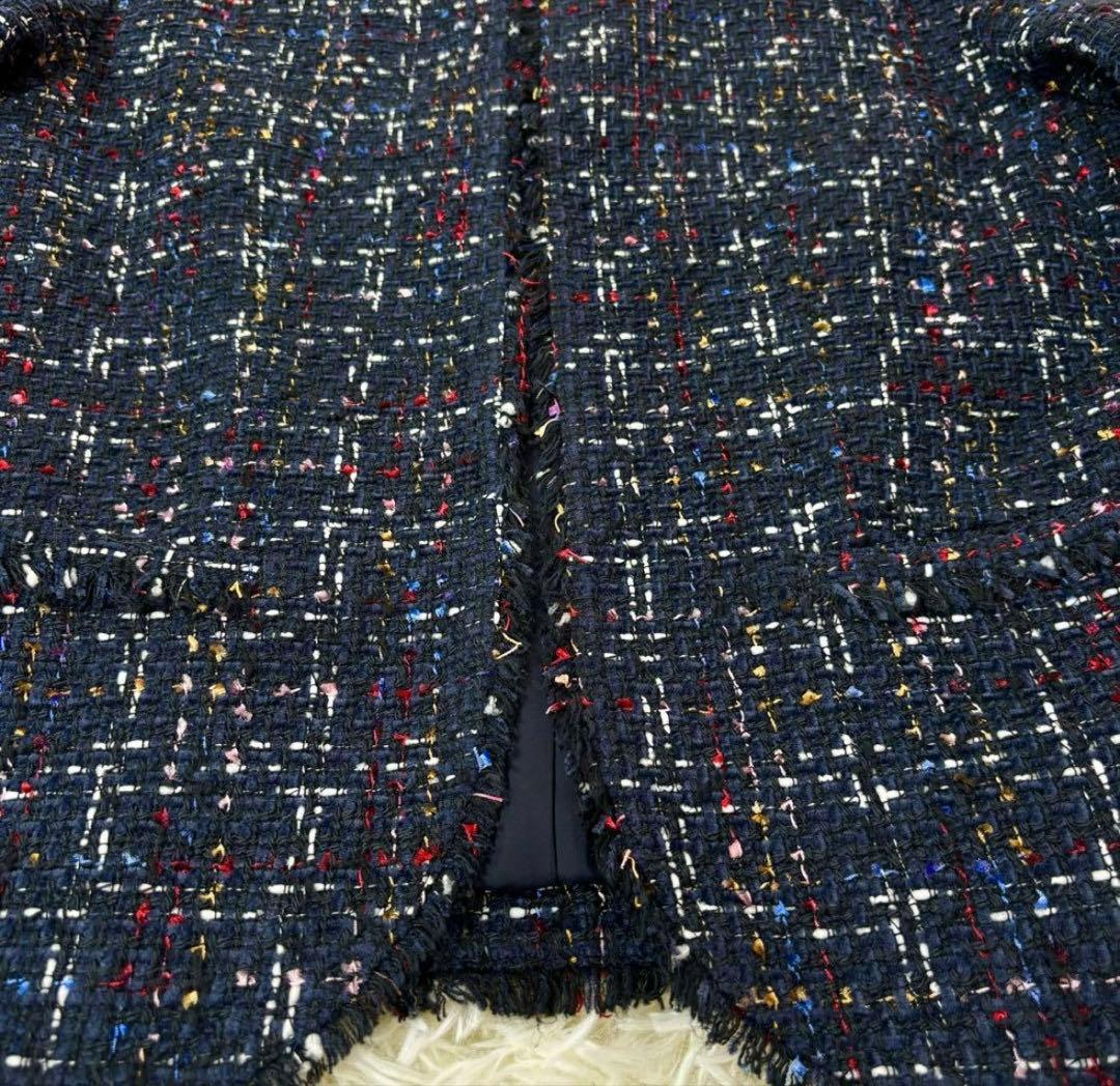 Theory セオリー ツイードジャケット ノーカラー ネイビー 大きめ 美品