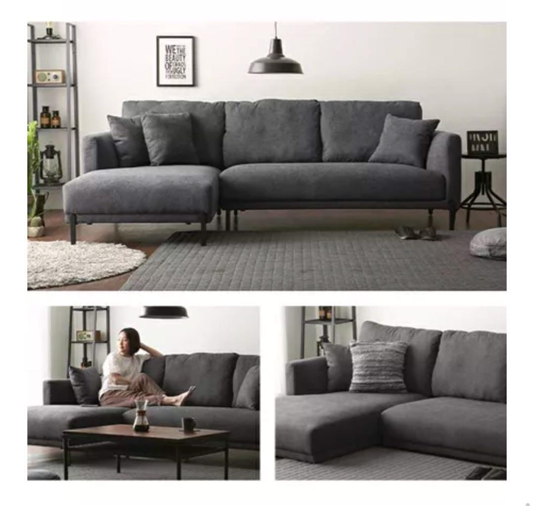 【きすけ】モダンデコ　ブラックスチール脚3人掛けワイドカウチソファーグレー