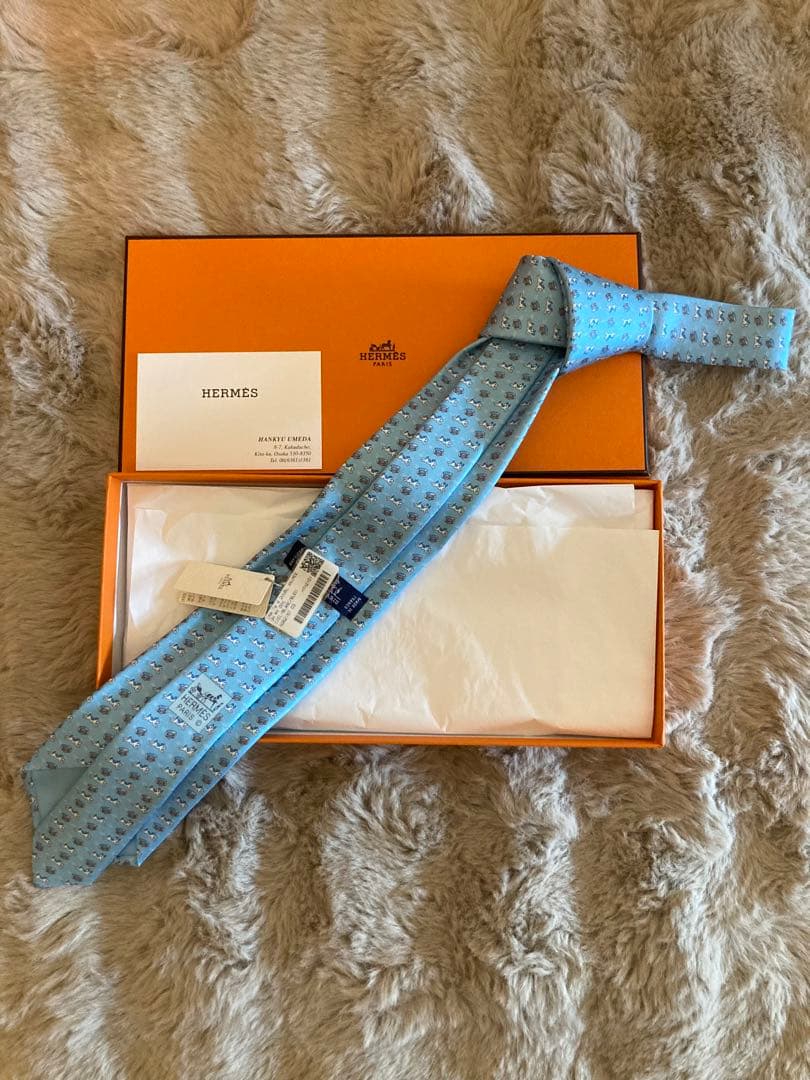 HERMES 水色 ドット柄 ネクタイ