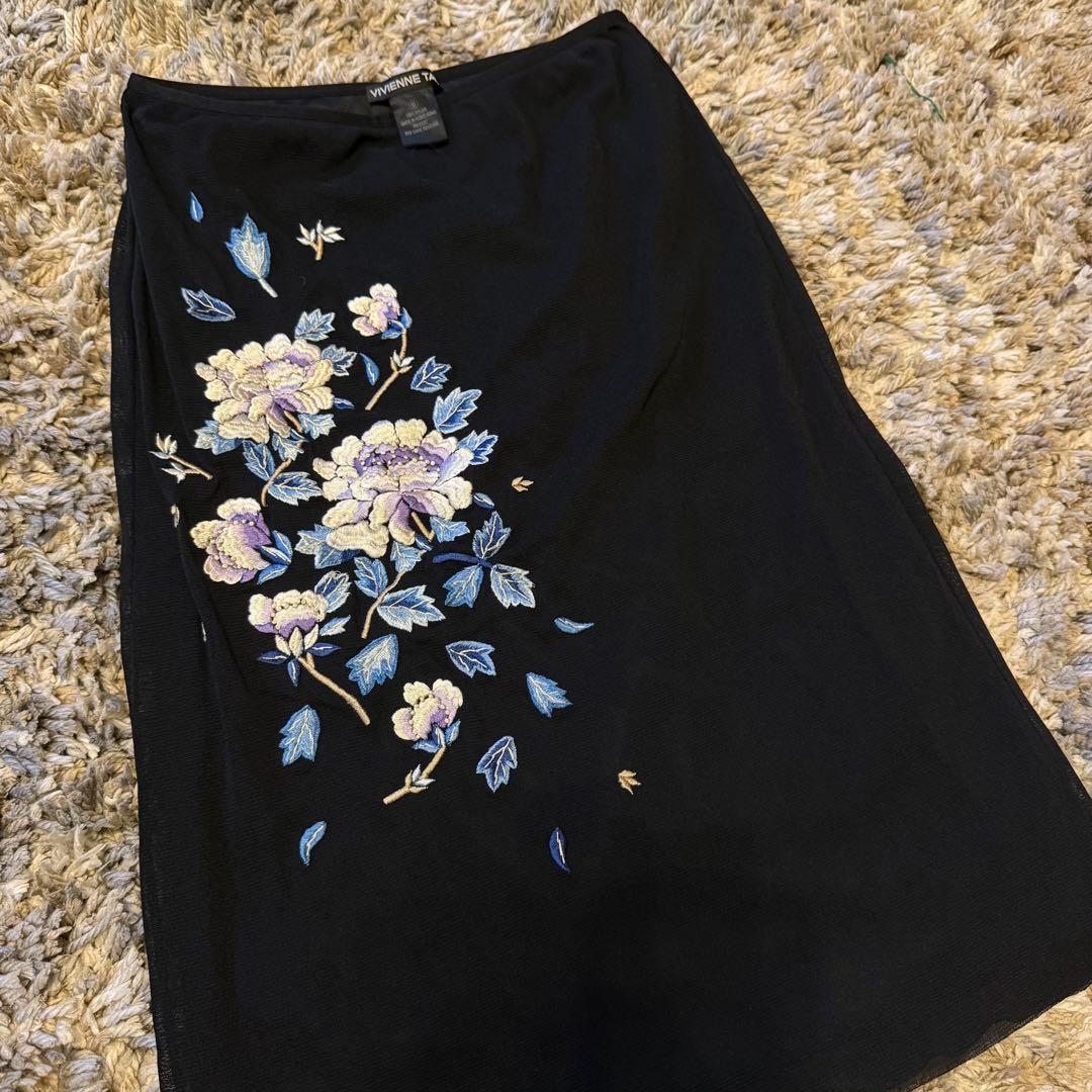 【vivienne tam】花柄刺繍タイトスカート 黒　パワーネット