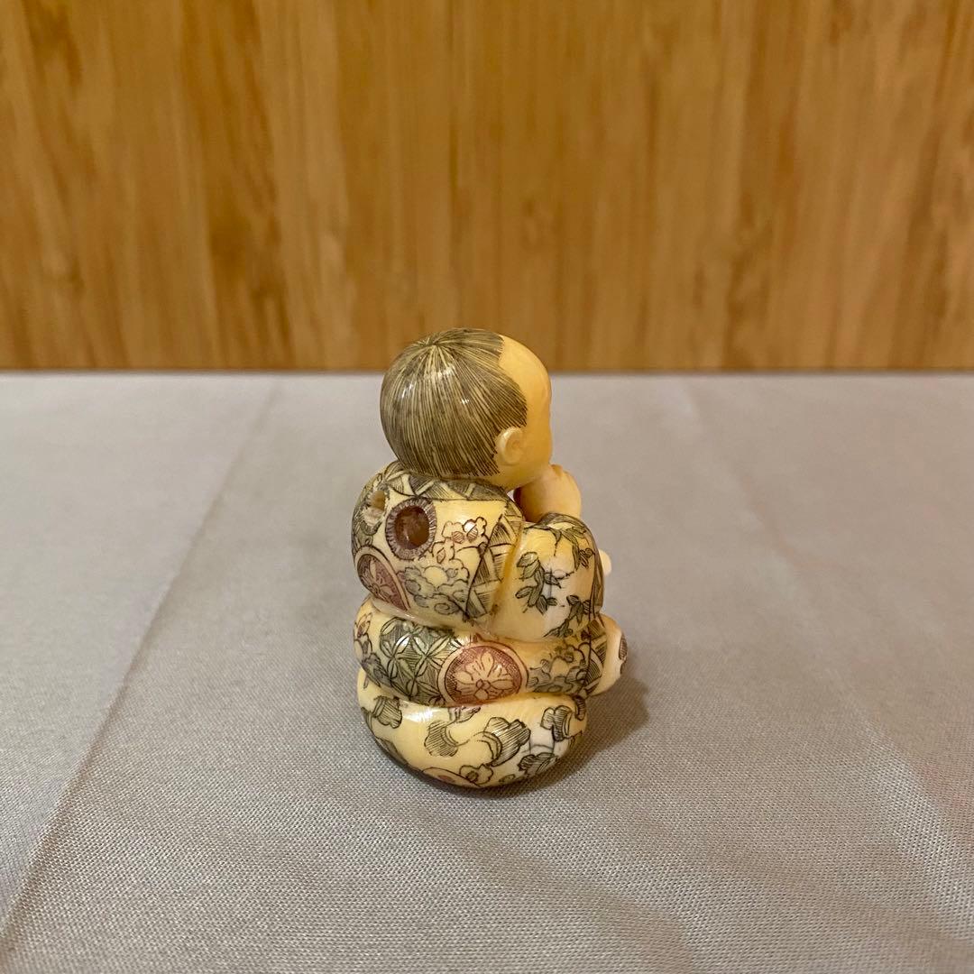 古美術 在銘 山口 カバ牙 根付 河馬 骨董 Netsuke 人物 彫刻⑧