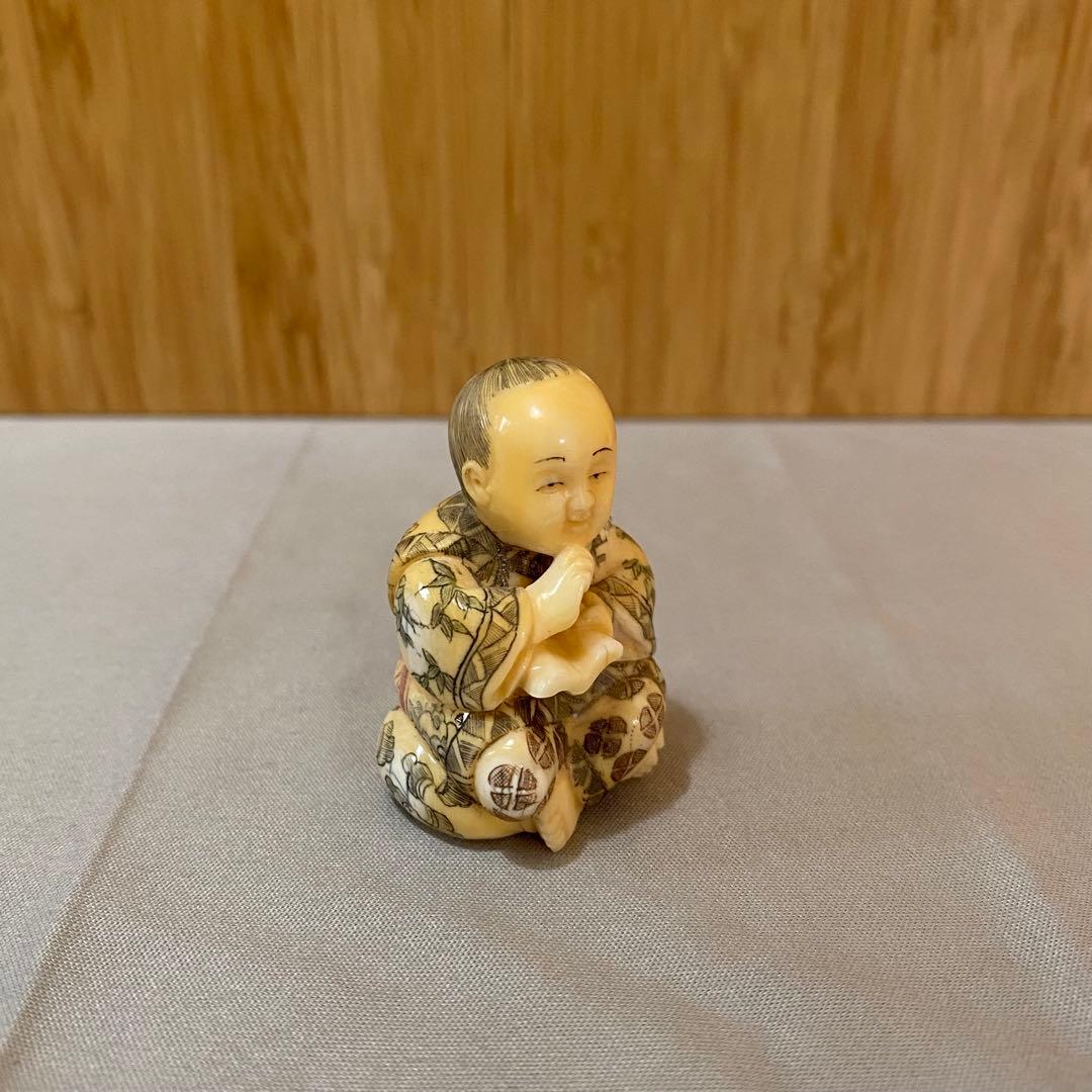 古美術 在銘 山口 カバ牙 根付 河馬 骨董 Netsuke 人物 彫刻⑧