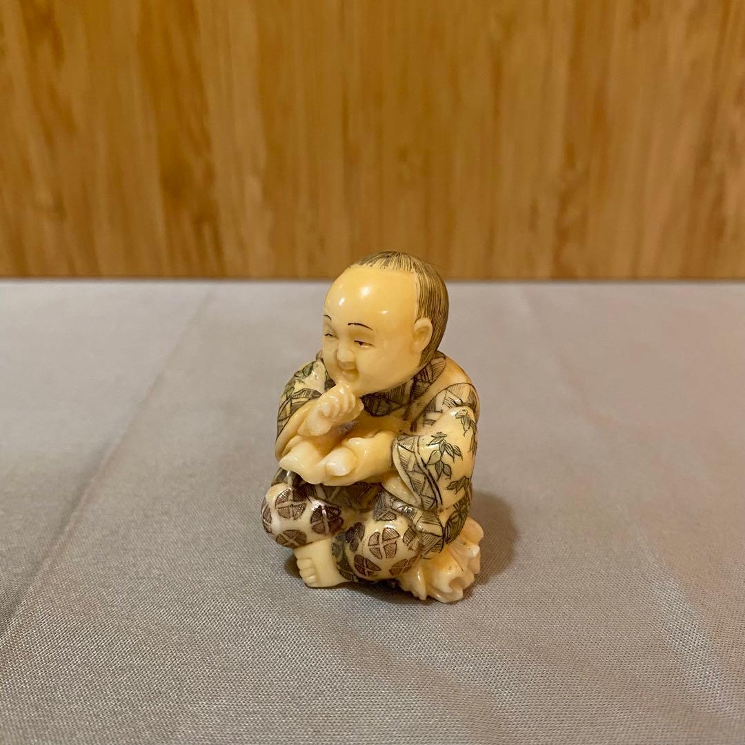 古美術 在銘 山口 カバ牙 根付 河馬 骨董 Netsuke 人物 彫刻⑧