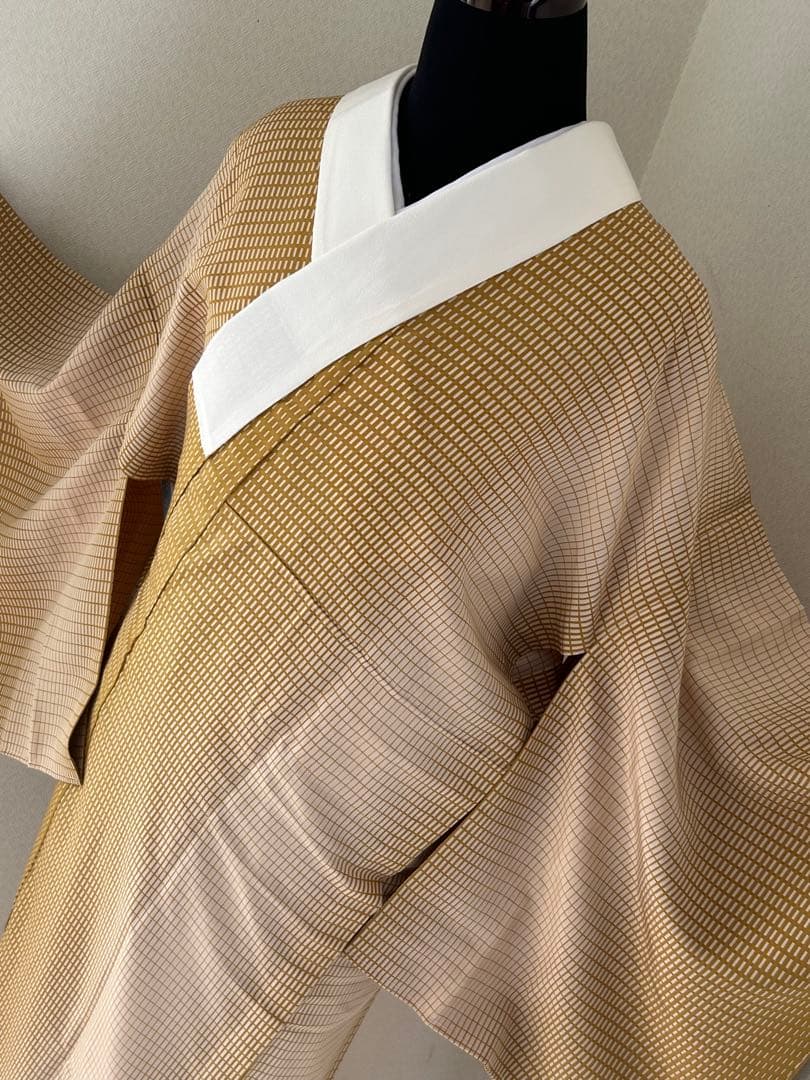 正絹　長襦袢　暈し格子柄　無双袖　未使用　居敷当て　東京ますいわ