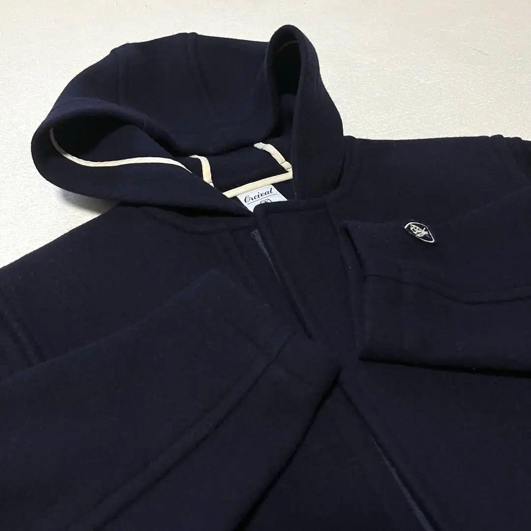 極美品 オーシバル ジーロンラム メルトン ジップ フード 比翼ウールコート 紺
