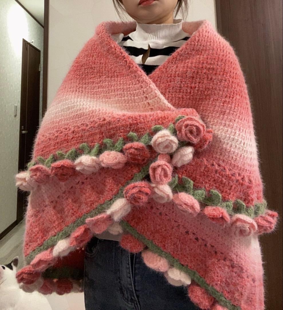 椿の花束ブランケット直径120cm，72本の大きな花ストール