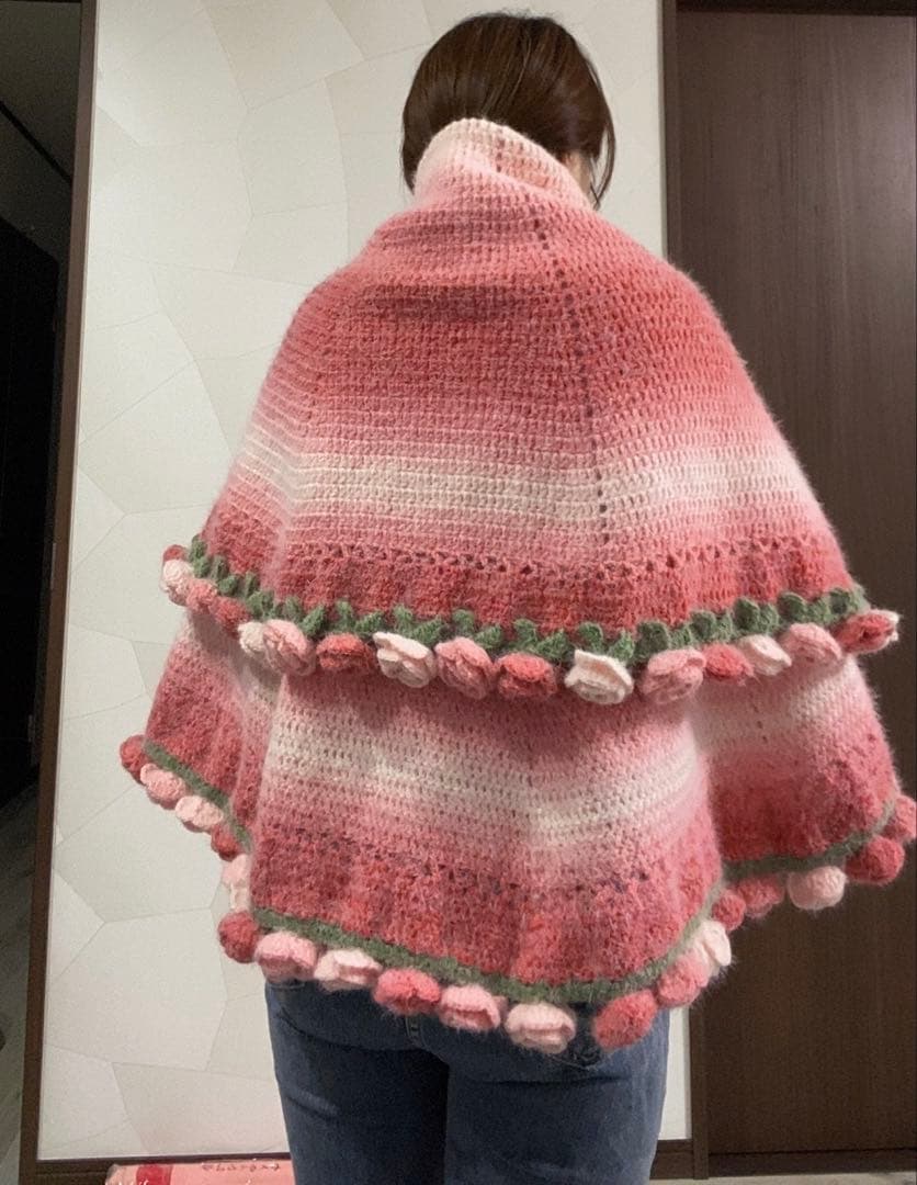 椿の花束ブランケット直径120cm，72本の大きな花ストール