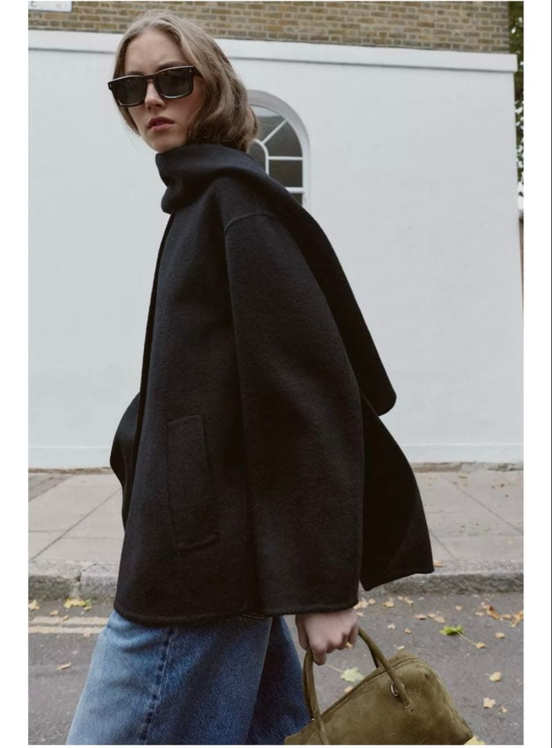 完売品⭐︎ZARA ウール ショートスカーフコート L ブラック 今期新作