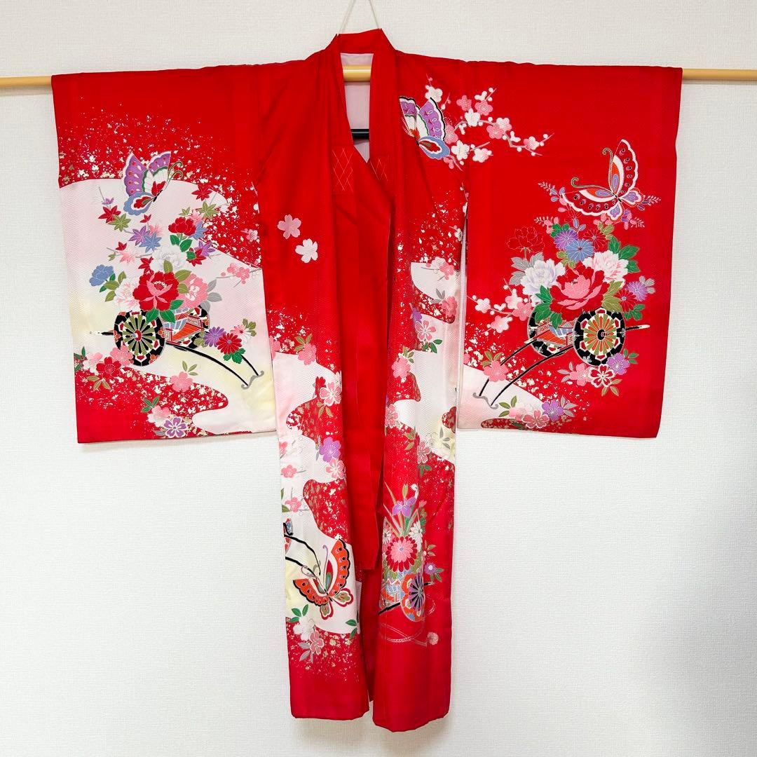 着物　お宮参り　産着　祝着　花車　蝶　四季草花　女の子　襦袢付き　クリーニング済