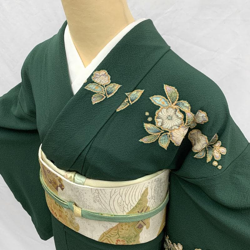 512mh51〇作家物 伸一 訪問着 辻が花絞り染 濃い緑〇状態良好