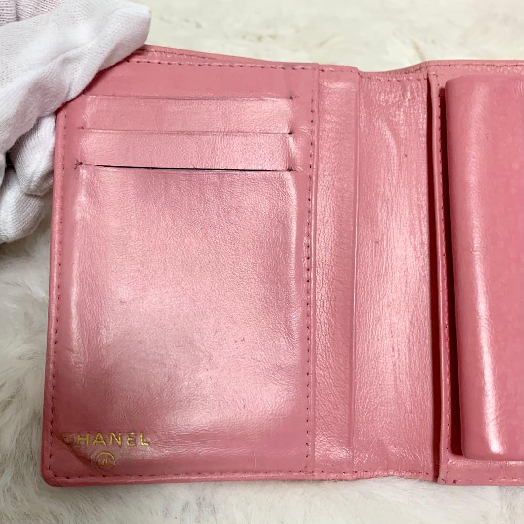 CHANEL 二つ折り財布 ココマーク キャビアスキン がま口 ピンク