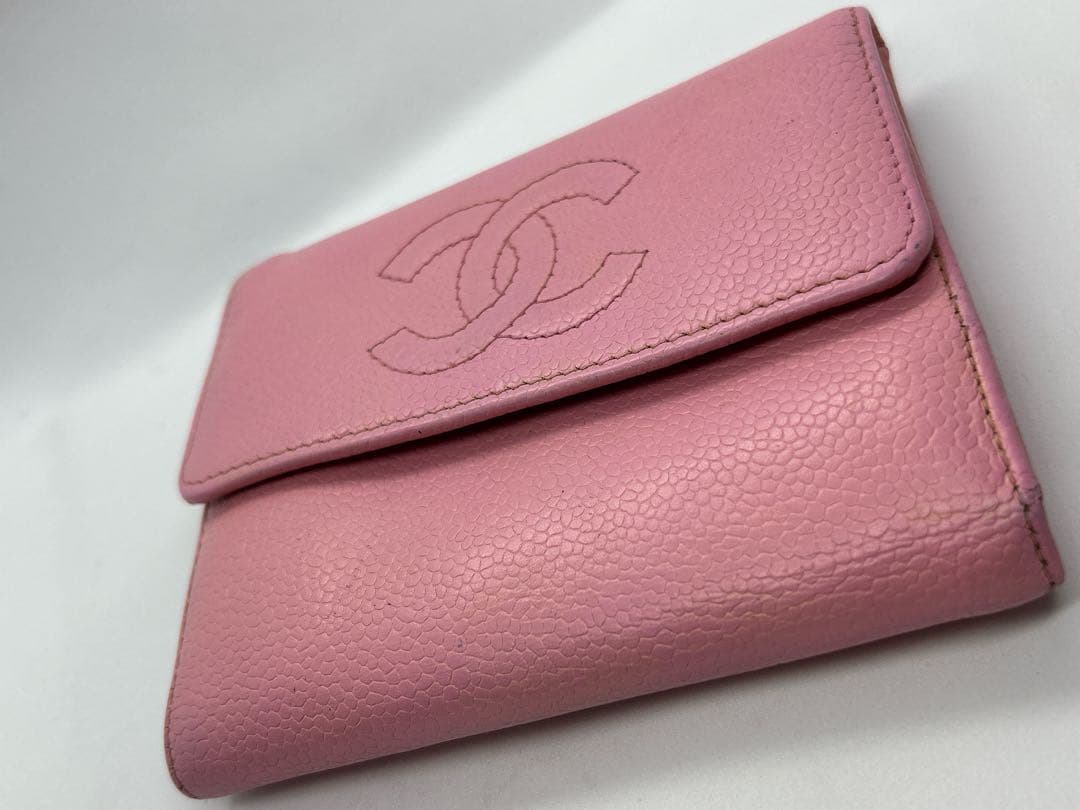 良品✨CHANEL シリアルシール有✨ピンクレザー三つ折り財布/708