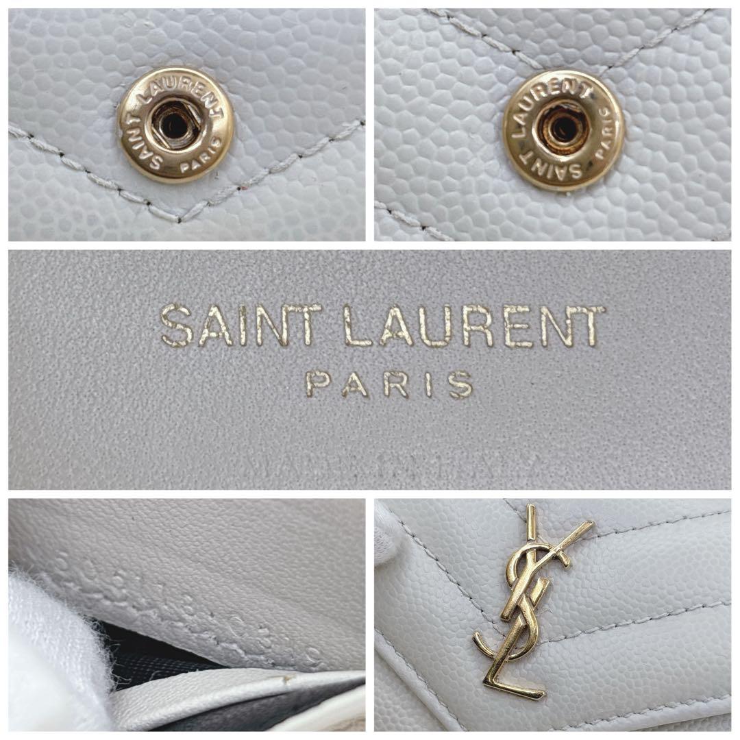 美品✨サンローラン 折り財布 キャビアスキン YSLロゴ レザー アイボリー