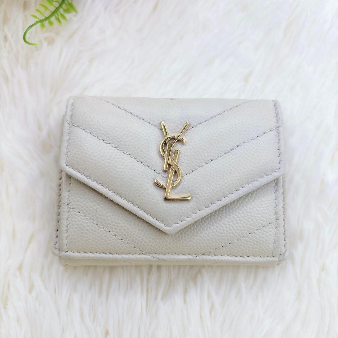 美品✨サンローラン 折り財布 キャビアスキン YSLロゴ レザー アイボリー
