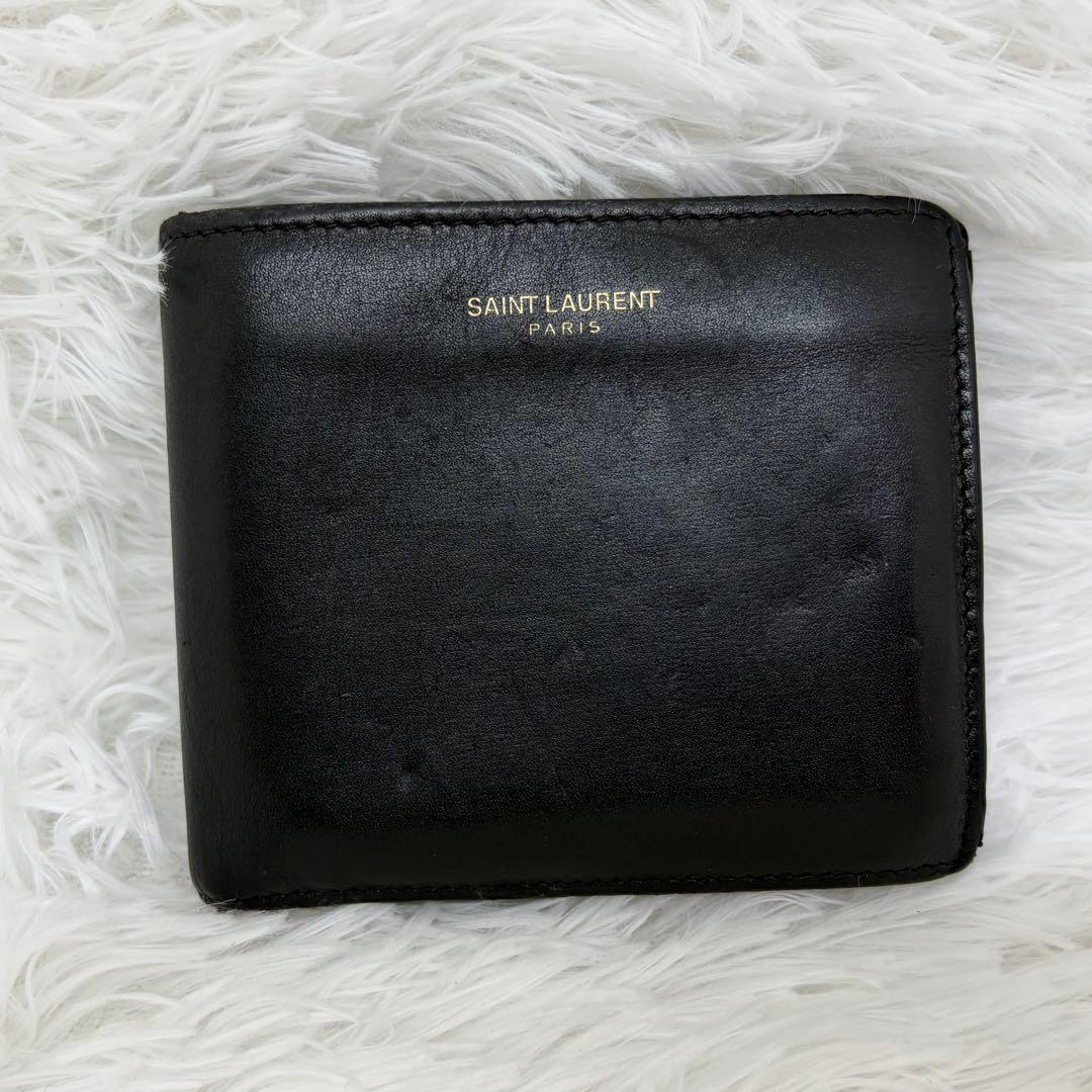 付属品完品✨サンローラン　二つ折り　小銭入れ　金ロゴ　レザー　ブラック