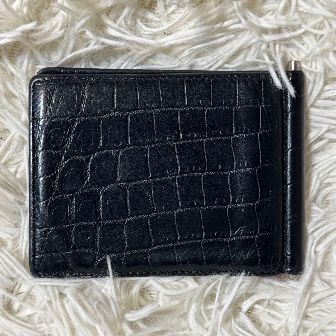 【美品】サンローラン　マネークリップ　クロコ型押しレザー　ブラック　折り財布