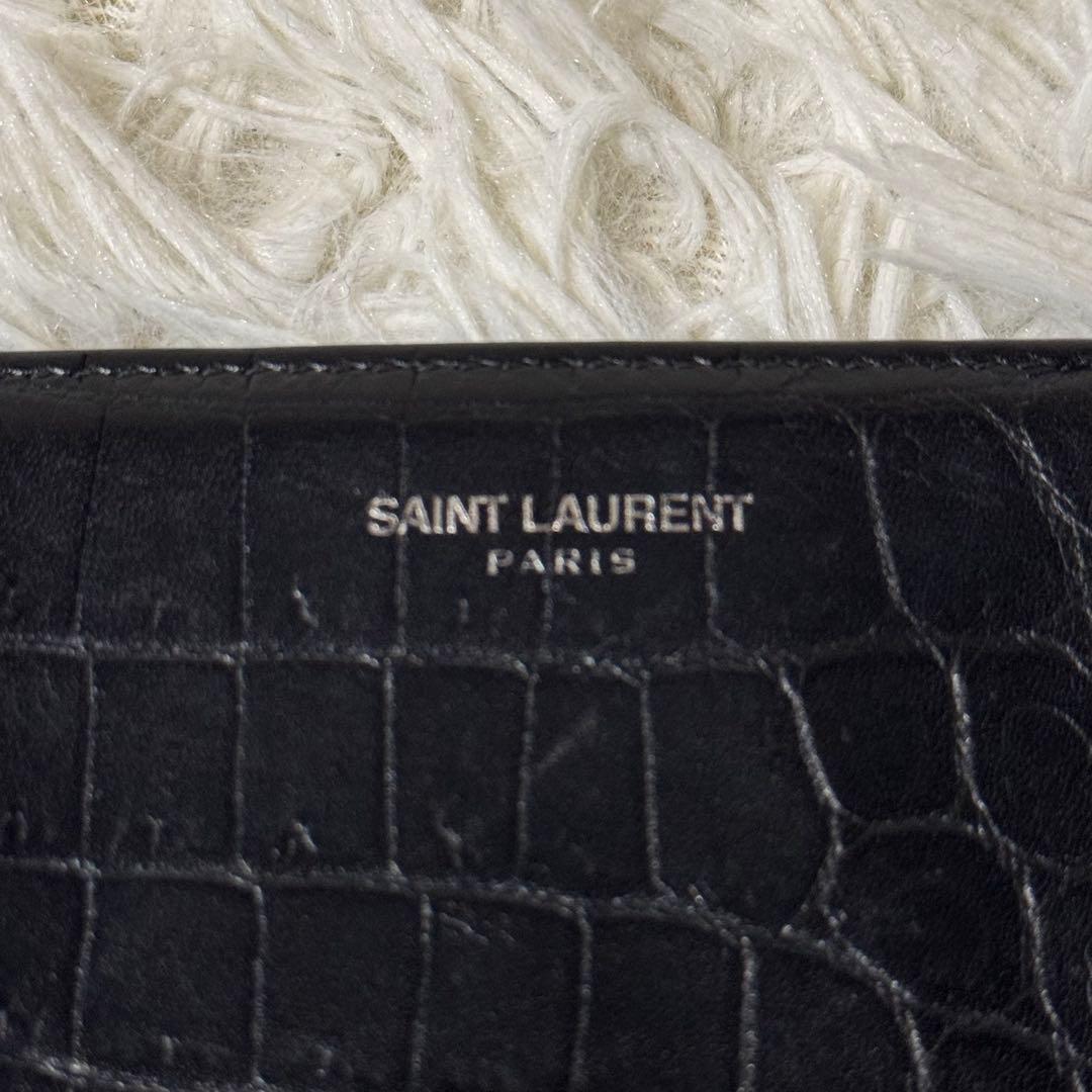 【美品】サンローラン　マネークリップ　クロコ型押しレザー　ブラック　折り財布