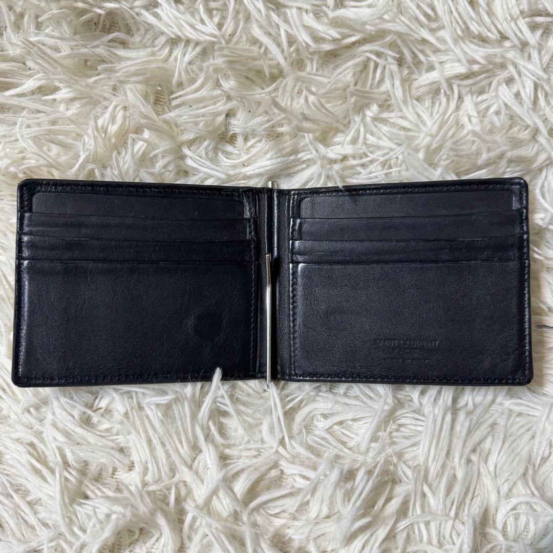 【美品】サンローラン　マネークリップ　クロコ型押しレザー　ブラック　折り財布