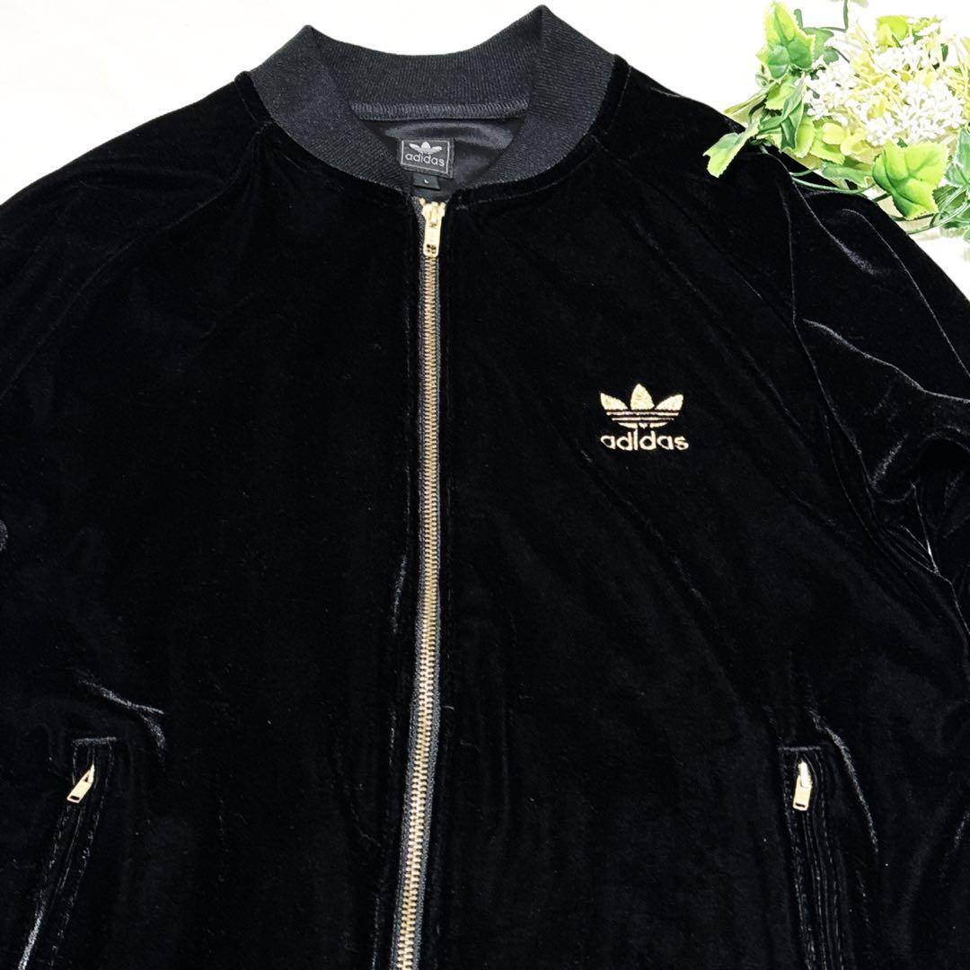 新品級✨adidas ベロア トラックジャケット 金 トレフォイル 黒 L 刺繍