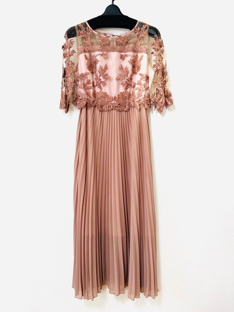 フラワー刺繍 レース 切り替え プリーツロング パーティー ドレス結婚式お呼ばれ
